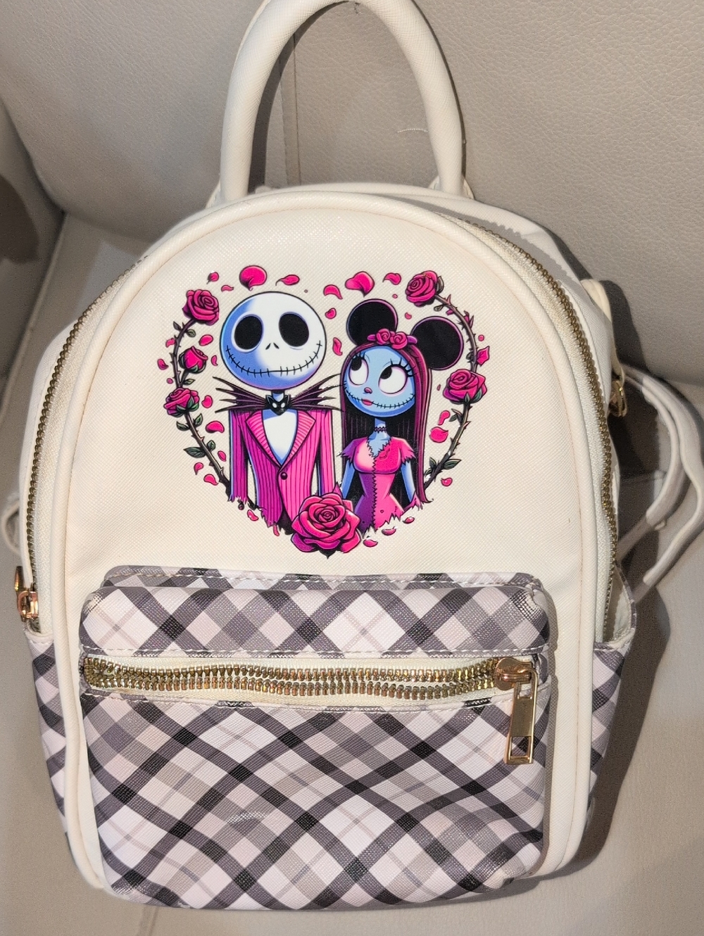 White Mini Backpack with Pink Rose Jack & Sally Artwork